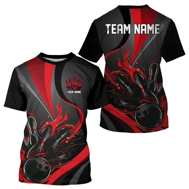Custom Red And Black Flame Bowling Team Shirts, Strike Bowling T-Shirts