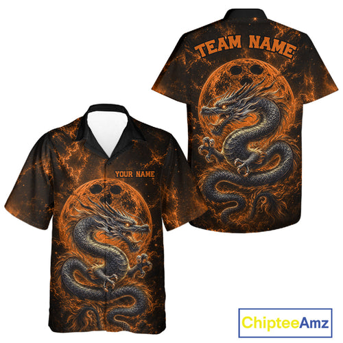 Custom Ancient Orange Dragon And Glowing Bowling Ball Moon And Hawaiian Team Shirt