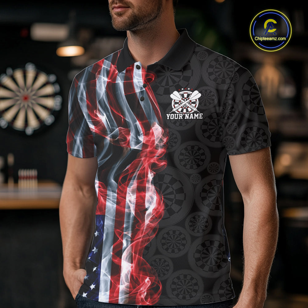 Custom Patriotic American Flag Smoke Flame Dart Team Polo Shirt, US Dart Jersey
