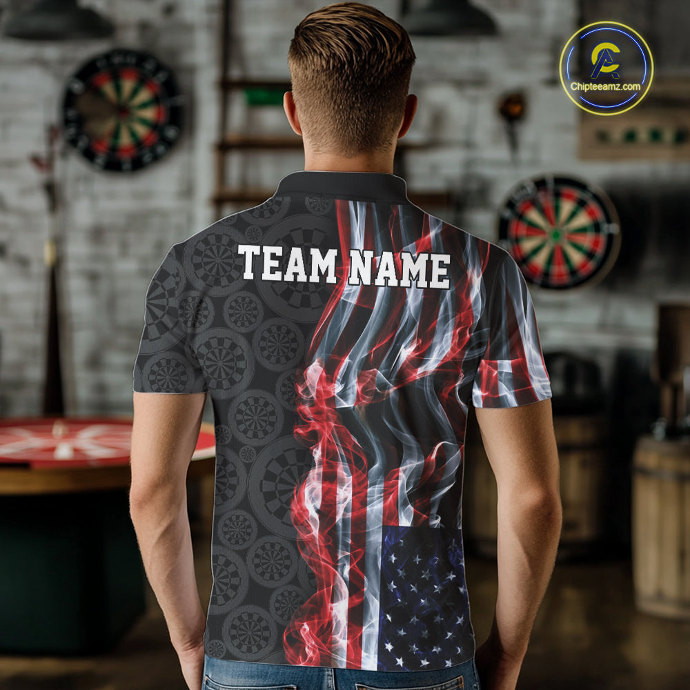 Custom Patriotic American Flag Smoke Flame Dart Team Polo Shirt, US Dart Jersey