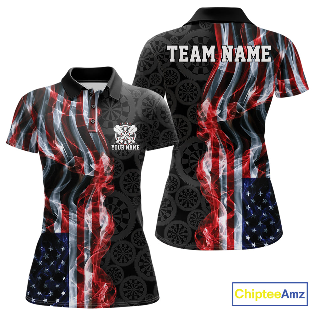 Custom Patriotic American Flag Smoke Flame Dart Team Polo Shirt, US Dart Jersey