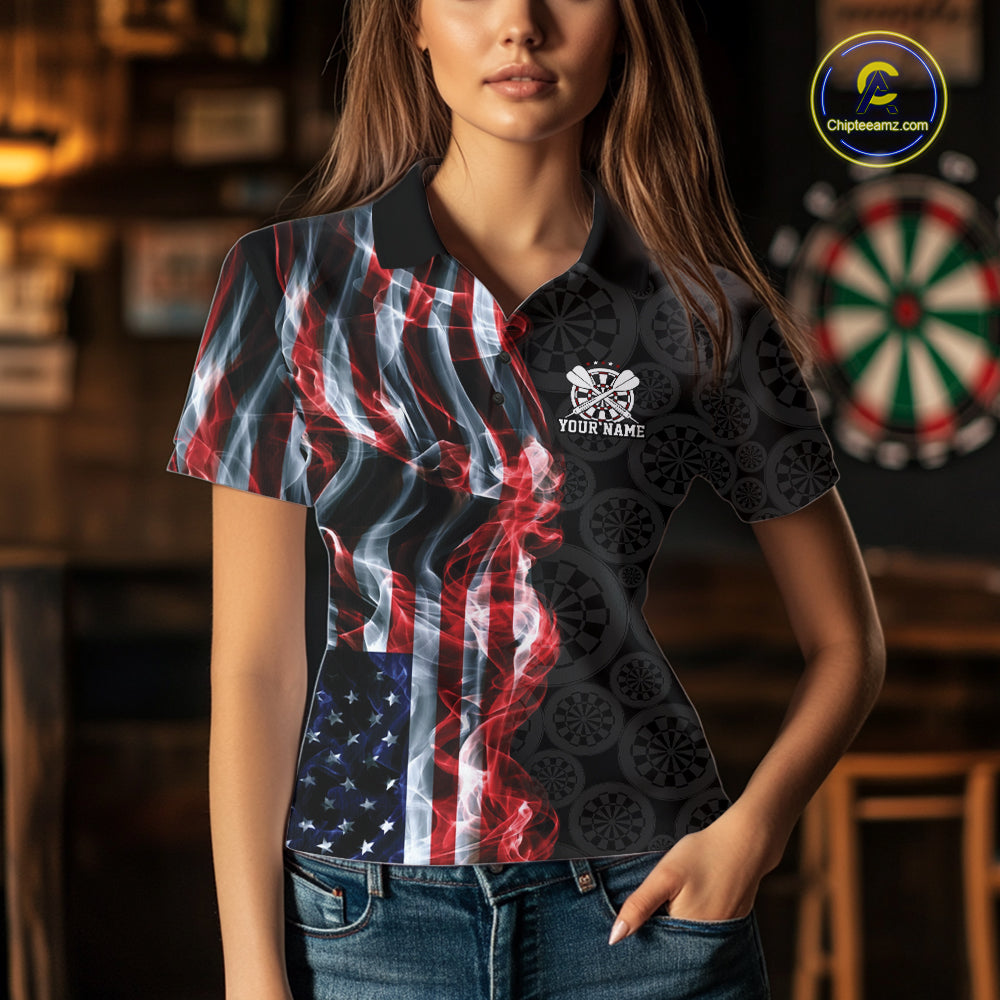 Custom Patriotic American Flag Smoke Flame Dart Team Polo Shirt, US Dart Jersey