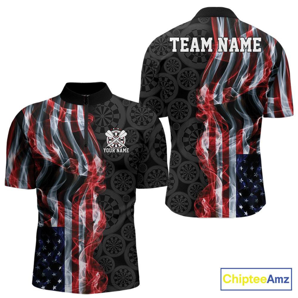 Custom Patriotic American Flag Smoke Flame Dart Team Quarter Zip Shirt, US Dart Jersey