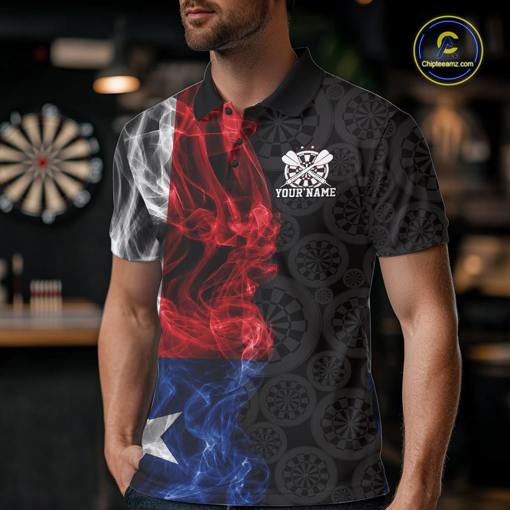 Custom Patriotic Texas State Flag Smoke Flame Dart Team Polo Shirt, Dart Jersey