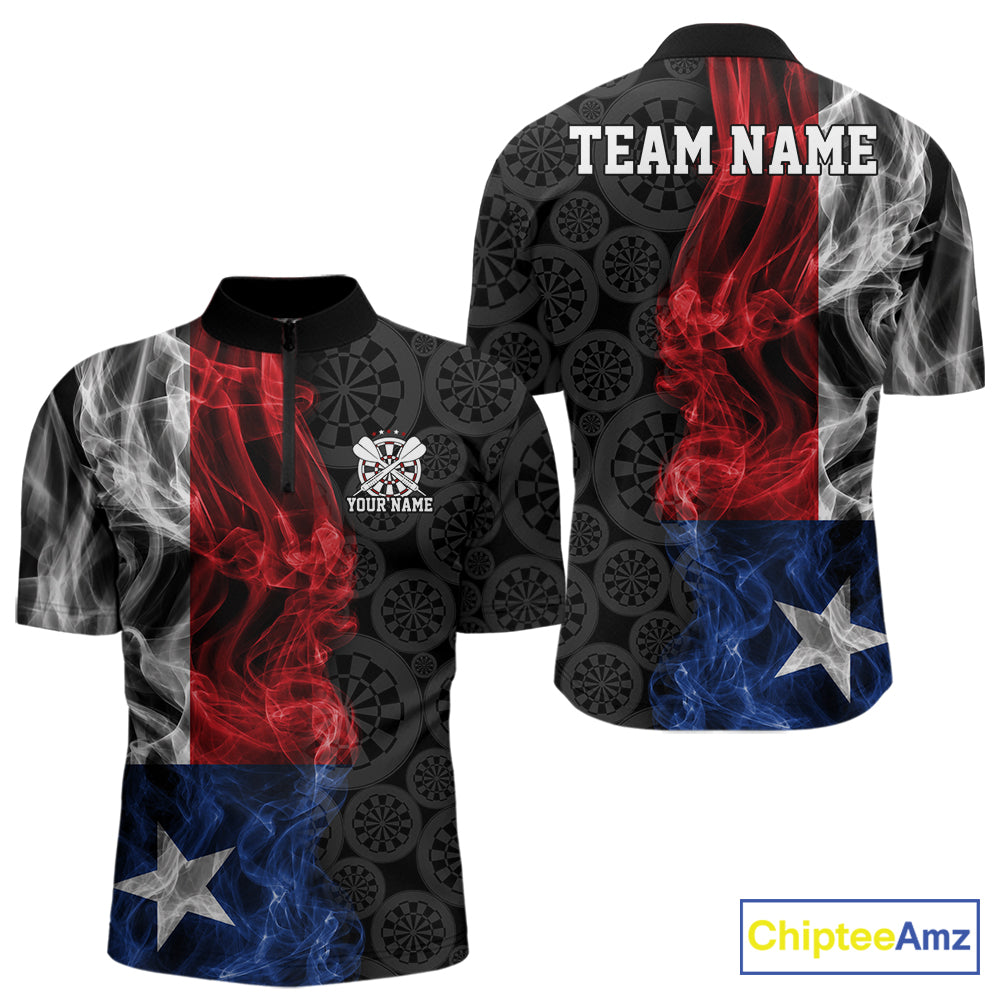 Custom Patriotic Texas State Flag Smoke Flame Dart Team Quarter Zip Shirt, Dart Jersey