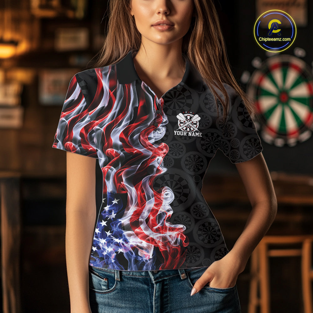 Custom Patriotic American Flag Smoke Flame Dart Team Polo Shirt