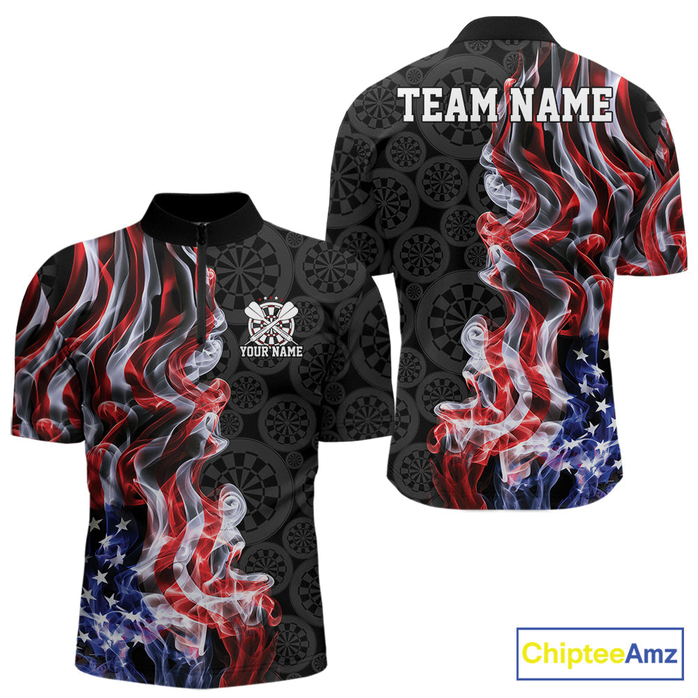Custom Patriotic American Flag Smoke Flame Dart Team Quarter Zip Shirt