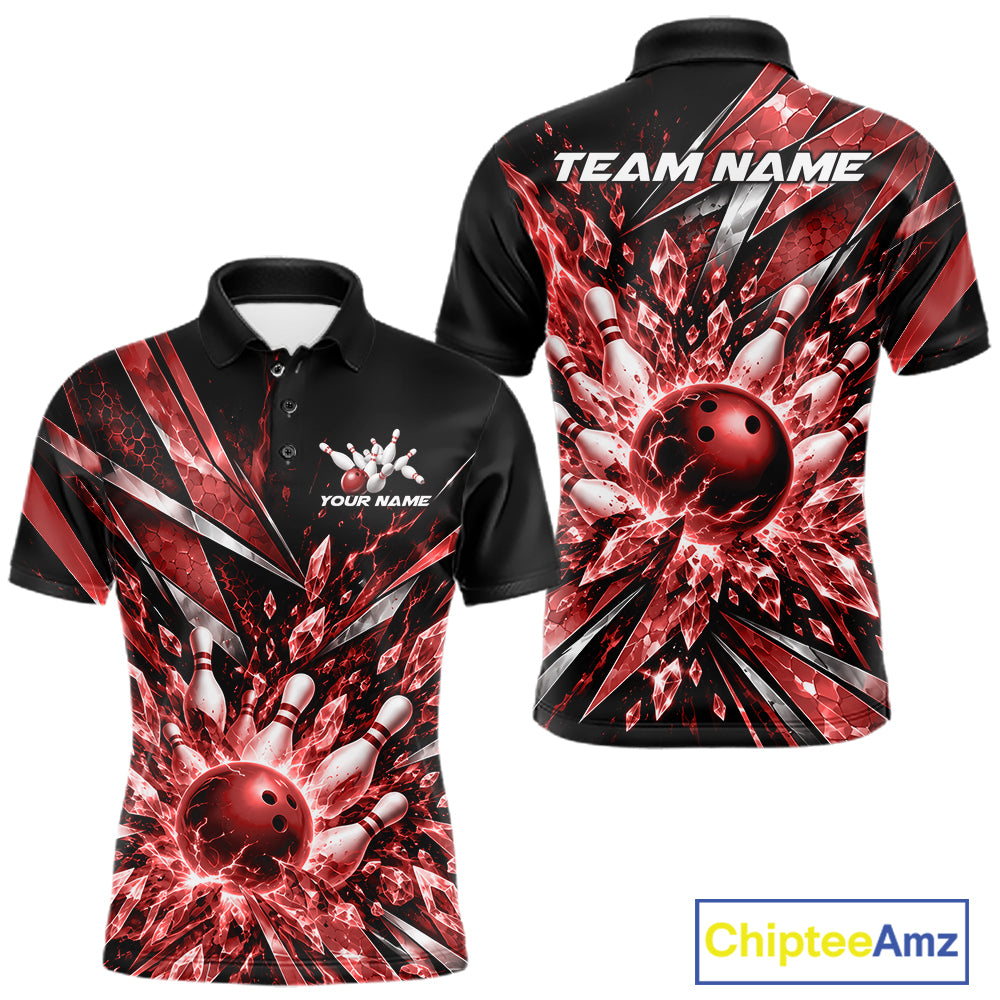 Custom Red Icy Crystal Bowling Polo Shirt, Ice Bowling Team Jersey Bowler Outfit