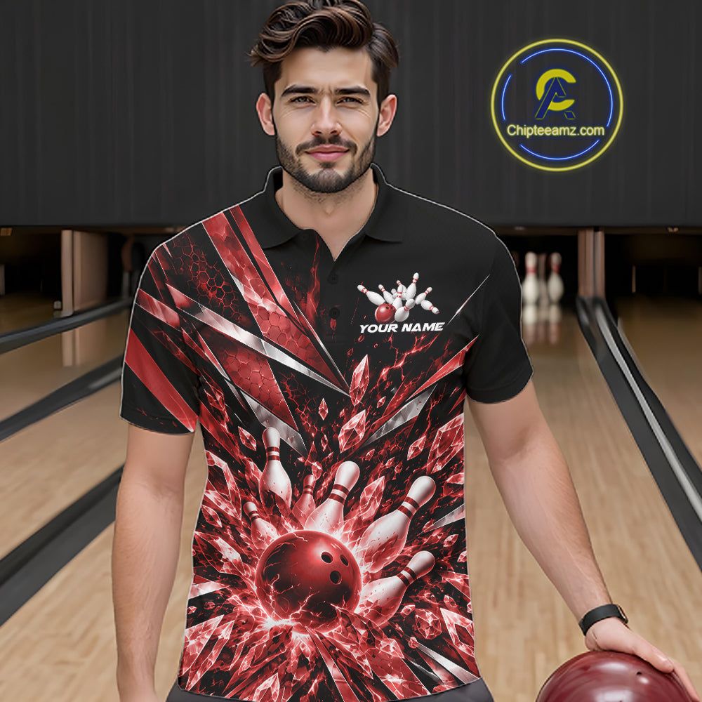 Custom Red Icy Crystal Bowling Polo Shirt, Ice Bowling Team Jersey Bowler Outfit
