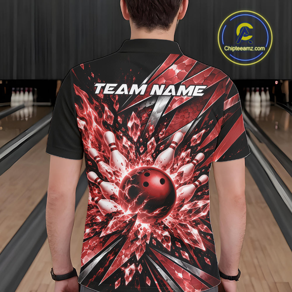 Custom Red Icy Crystal Bowling Polo Shirt, Ice Bowling Team Jersey Bowler Outfit