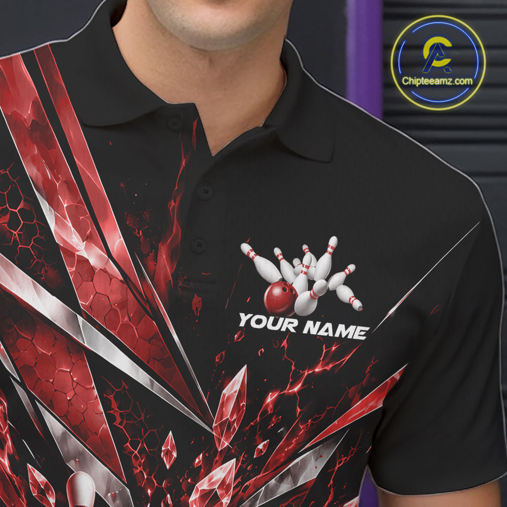 Custom Red Icy Crystal Bowling Polo Shirt, Ice Bowling Team Jersey Bowler Outfit