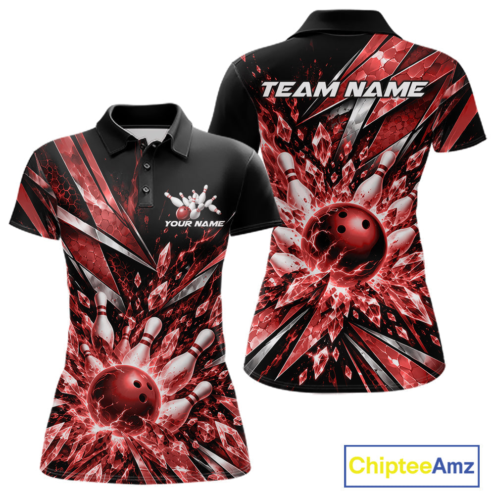 Custom Red Icy Crystal Bowling Polo Shirt, Ice Bowling Team Jersey Bowler Outfit