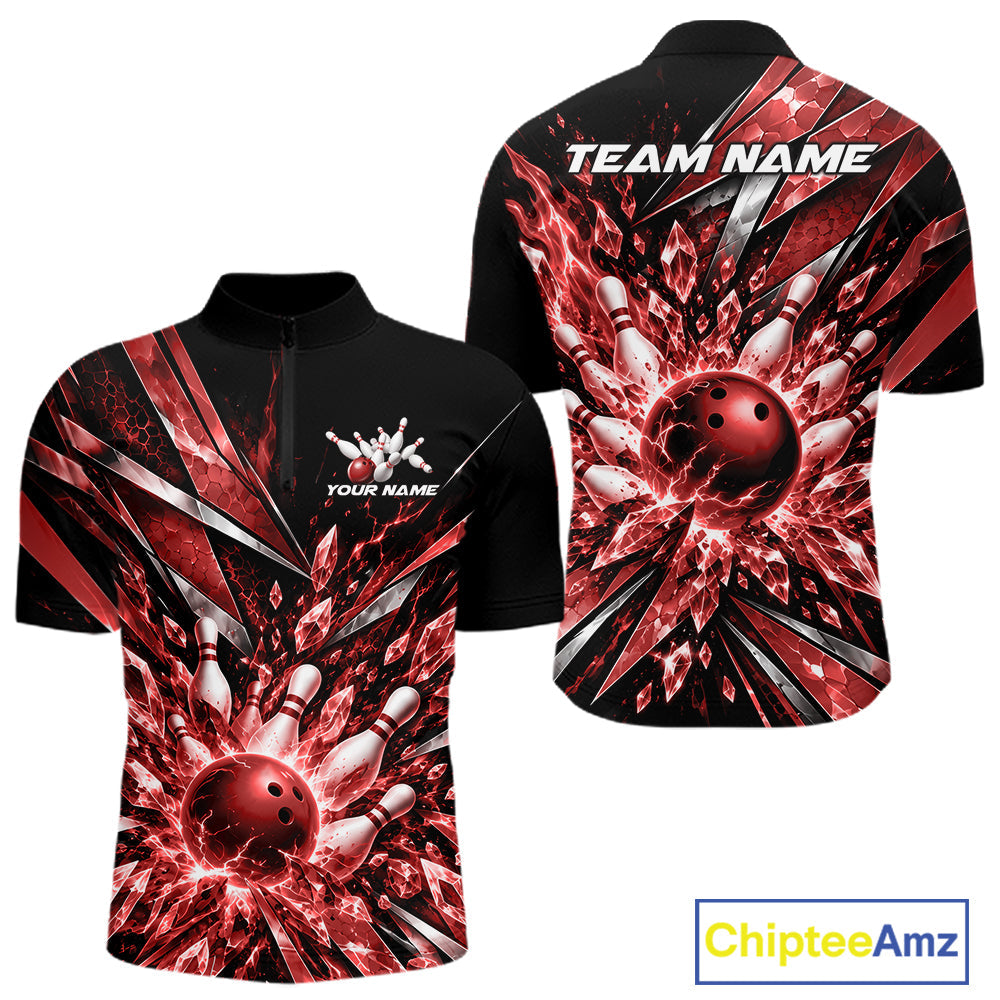 Custom Red Icy Crystal Bowling Quarter Zip Shirt, Ice Bowling Team Jersey Bowler Outfit