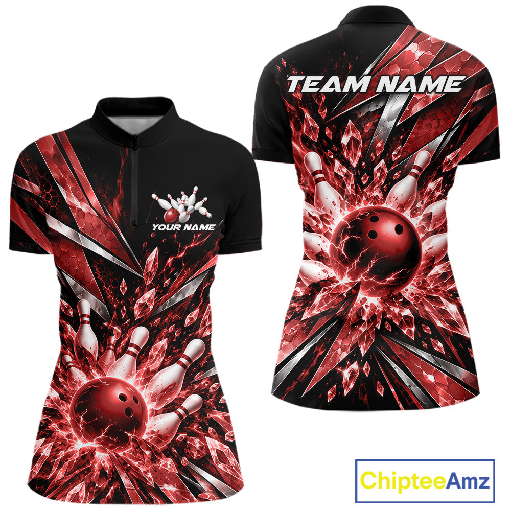 Custom Red Icy Crystal Bowling Shirt, Ice Bowling Team Jersey Bowler Outfit
