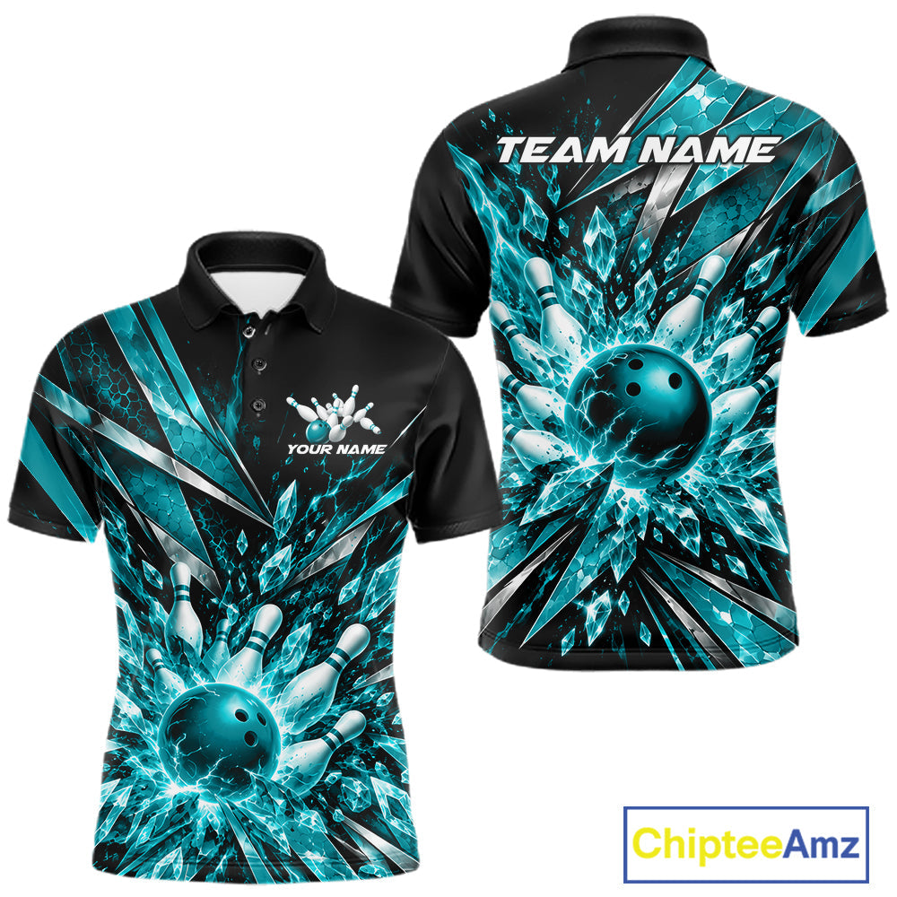 Custom Teal Blue Icy Crystal Bowling Polo Shirt, Bowling Team Jersey Bowler Outfit