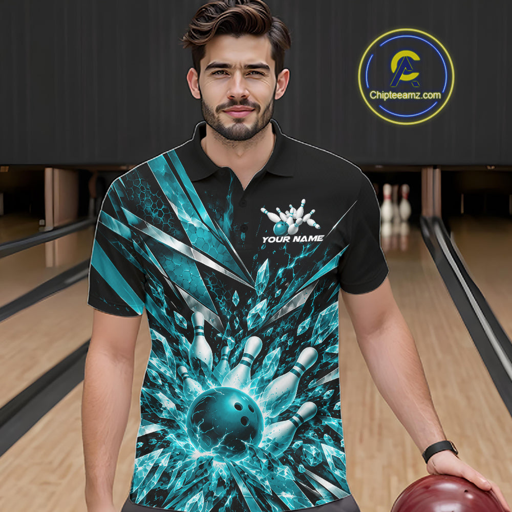 Custom Teal Blue Icy Crystal Bowling Polo Shirt, Bowling Team Jersey Bowler Outfit