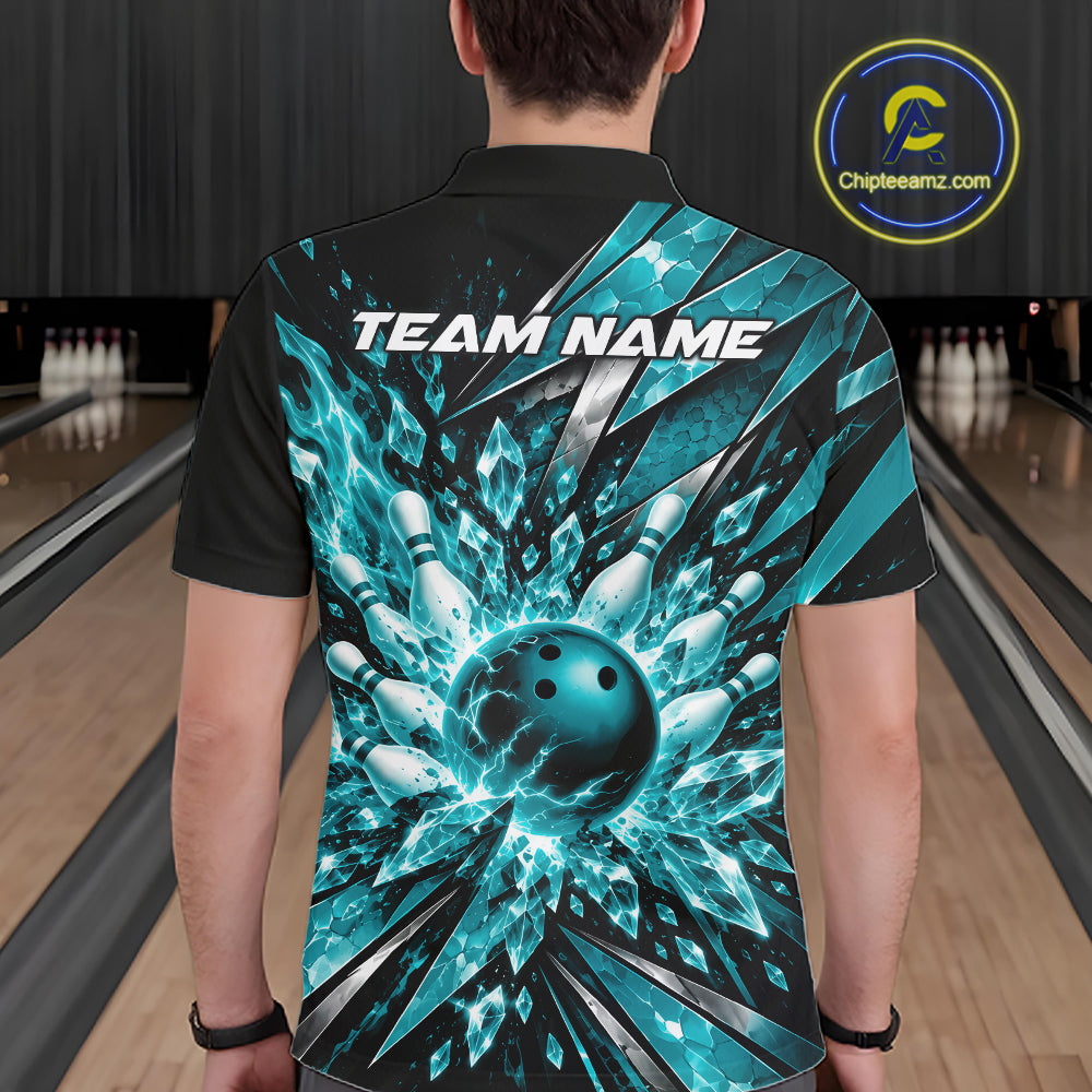 Custom Teal Blue Icy Crystal Bowling Polo Shirt, Bowling Team Jersey Bowler Outfit