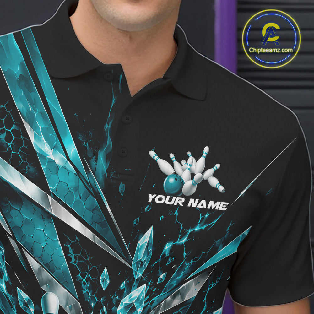 Custom Teal Blue Icy Crystal Bowling Polo Shirt, Bowling Team Jersey Bowler Outfit