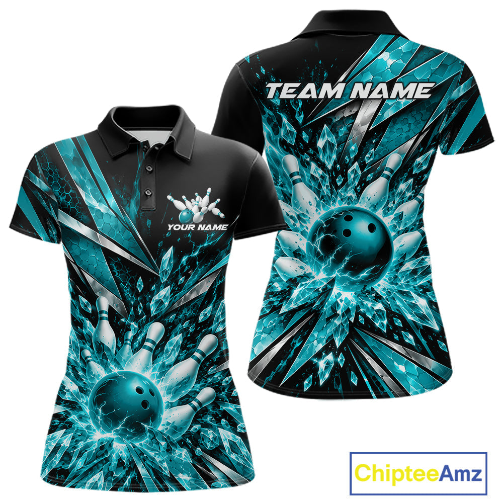 Custom Teal Blue Icy Crystal Bowling Polo Shirt, Bowling Team Jersey Bowler Outfit
