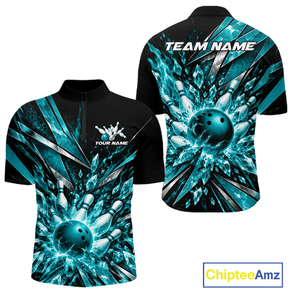 Custom Teal Blue Icy Crystal Bowling Quarter Zip Shirt, Bowling Team Jersey Bowler Outfit