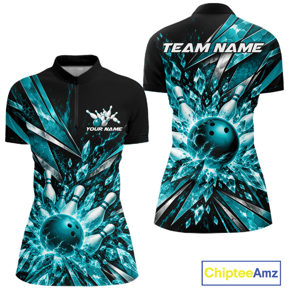 Custom Teal Blue Icy Crystal Bowling Shirt, Bowling Team Jersey Bowler Outfit