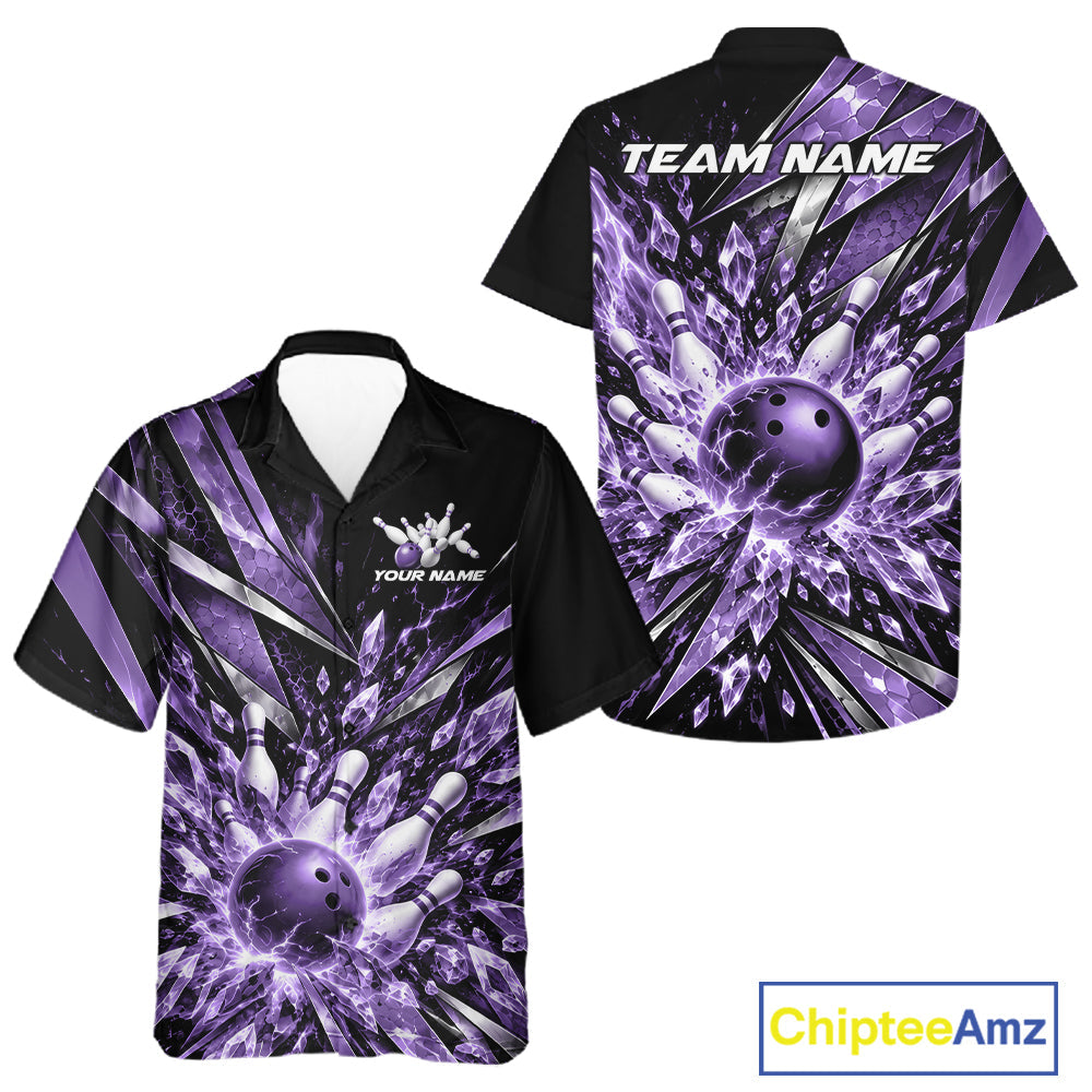 Custom Purple Icy Crystal Bowling And Button Up Shirt, Ice Bowling Team Jersey Bowler Outfit