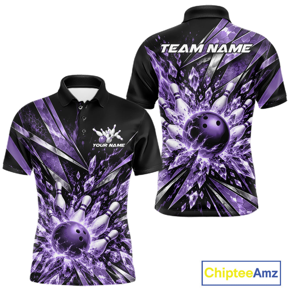Custom Purple Icy Crystal Bowling Polo Shirt, Ice Bowling Team Jersey Bowler Outfit