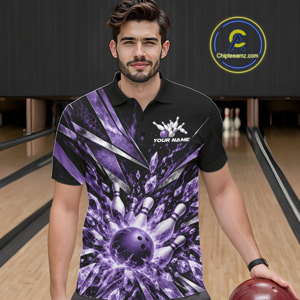 Custom Purple Icy Crystal Bowling Polo Shirt, Ice Bowling Team Jersey Bowler Outfit