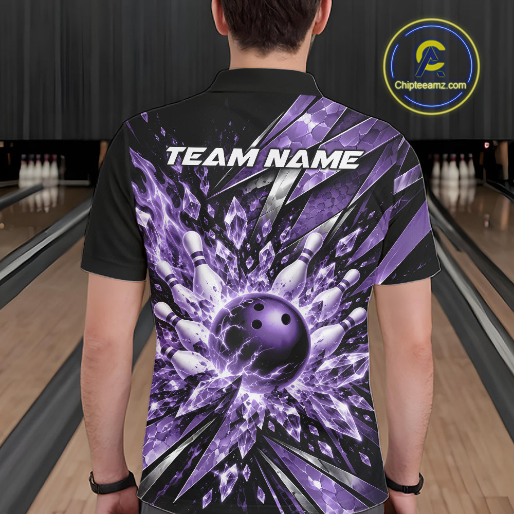 Custom Purple Icy Crystal Bowling Polo Shirt, Ice Bowling Team Jersey Bowler Outfit