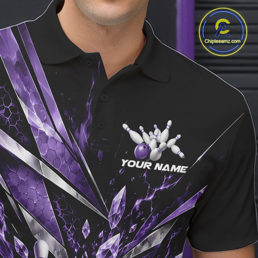 Custom Purple Icy Crystal Bowling Polo Shirt, Ice Bowling Team Jersey Bowler Outfit