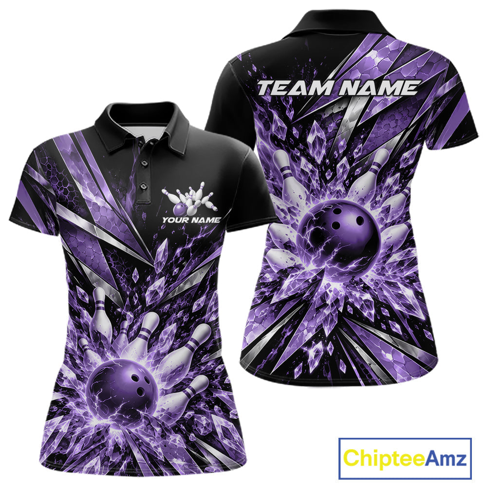 Custom Purple Icy Crystal Bowling Polo Shirt, Ice Bowling Team Jersey Bowler Outfit