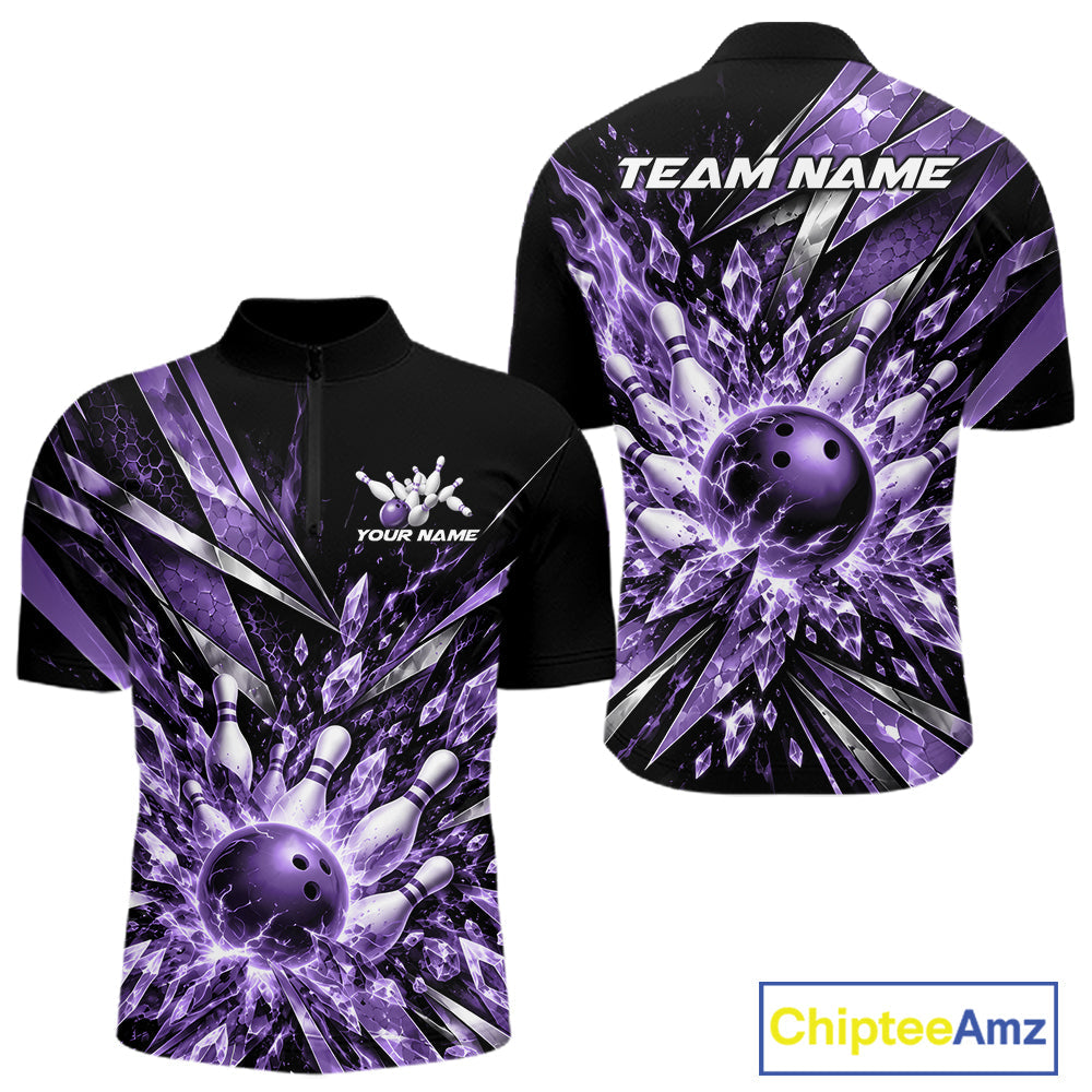 Custom Purple Icy Crystal Bowling Quarter Zip Shirt, Ice Bowling Team Jersey Bowler Outfit
