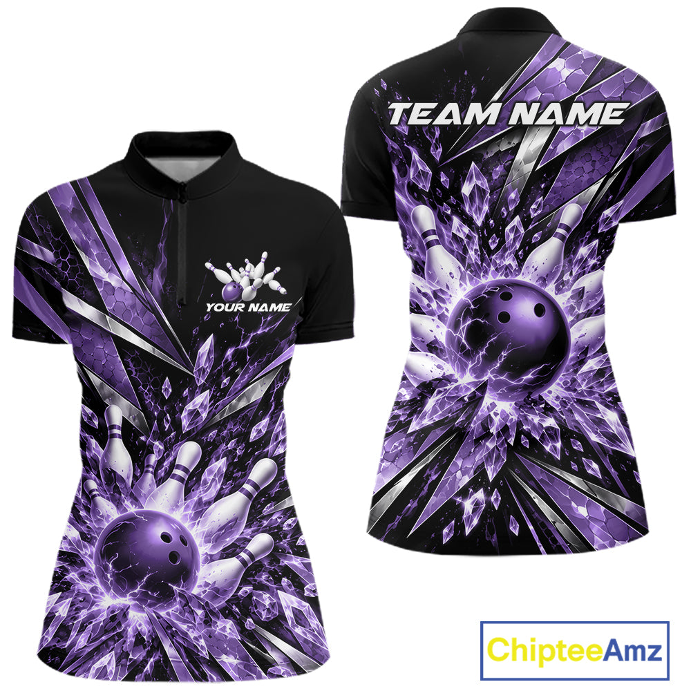 Custom Purple Icy Crystal Bowling Shirt, Ice Bowling Team Jersey Bowler Outfit