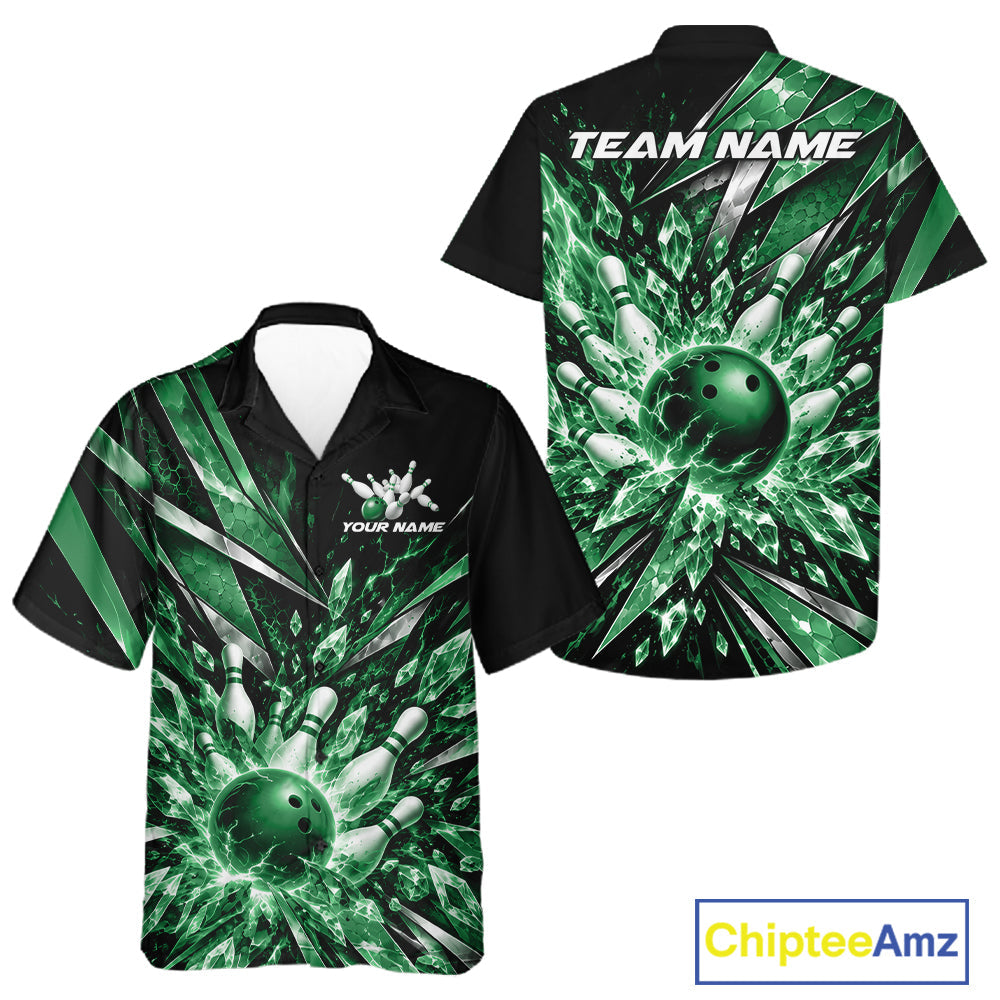 Custom Green Icy Crystal Bowling And Button Up Shirt, Ice Bowling Team Jersey Bowler Outfit