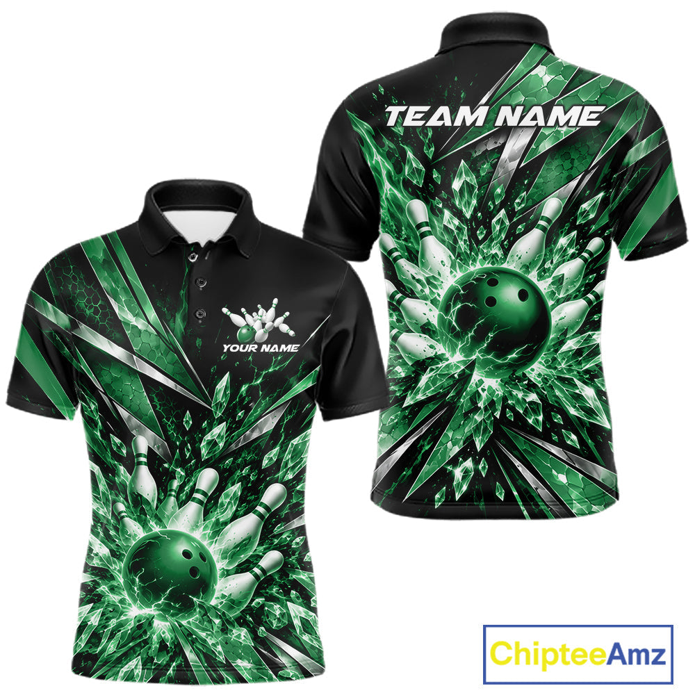 Custom Green Icy Crystal Bowling Polo Shirt, Ice Bowling Team Jersey Bowler Outfit