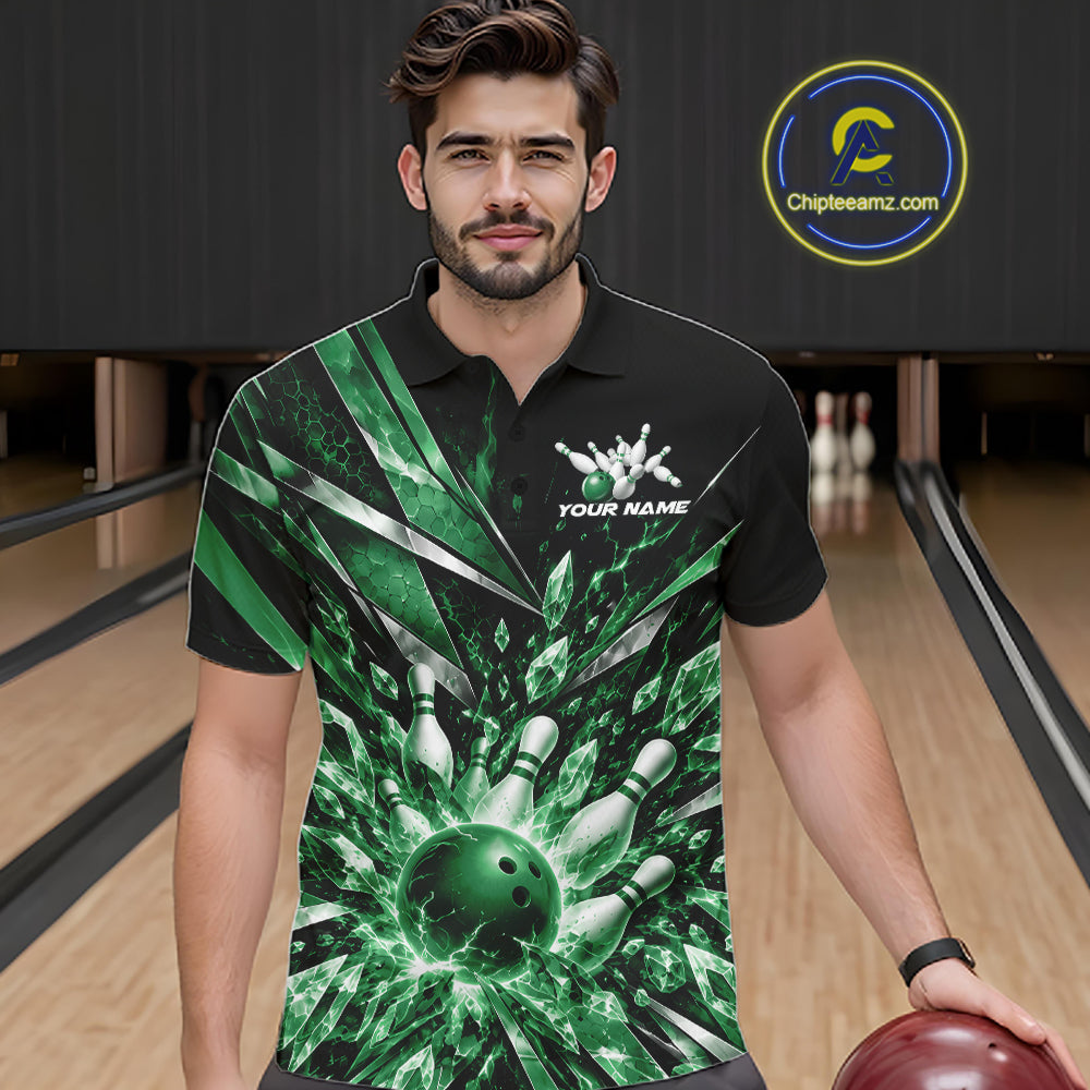 Custom Green Icy Crystal Bowling Polo Shirt, Ice Bowling Team Jersey Bowler Outfit