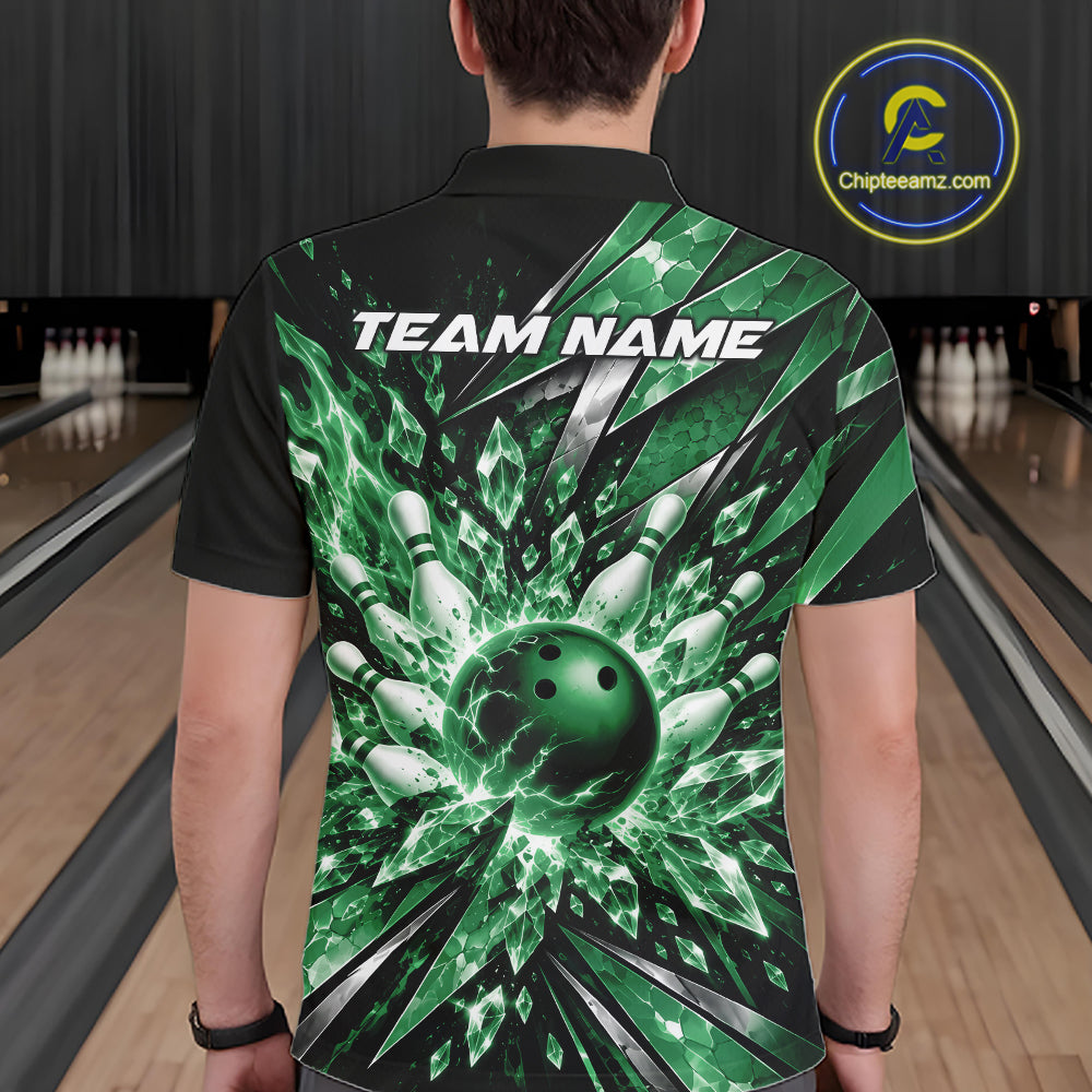 Custom Green Icy Crystal Bowling Polo Shirt, Ice Bowling Team Jersey Bowler Outfit