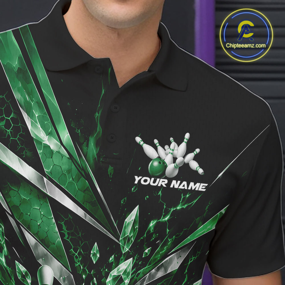 Custom Green Icy Crystal Bowling Polo Shirt, Ice Bowling Team Jersey Bowler Outfit