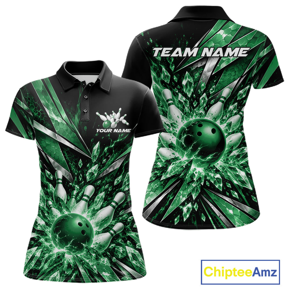 Custom Green Icy Crystal Bowling Polo Shirt, Ice Bowling Team Jersey Bowler Outfit
