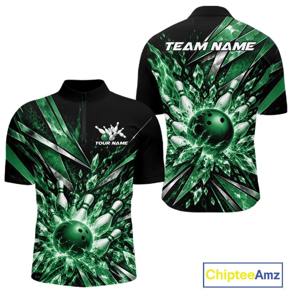 Custom Green Icy Crystal Bowling Quarter Zip Shirt, Ice Bowling Team Jersey Bowler Outfit