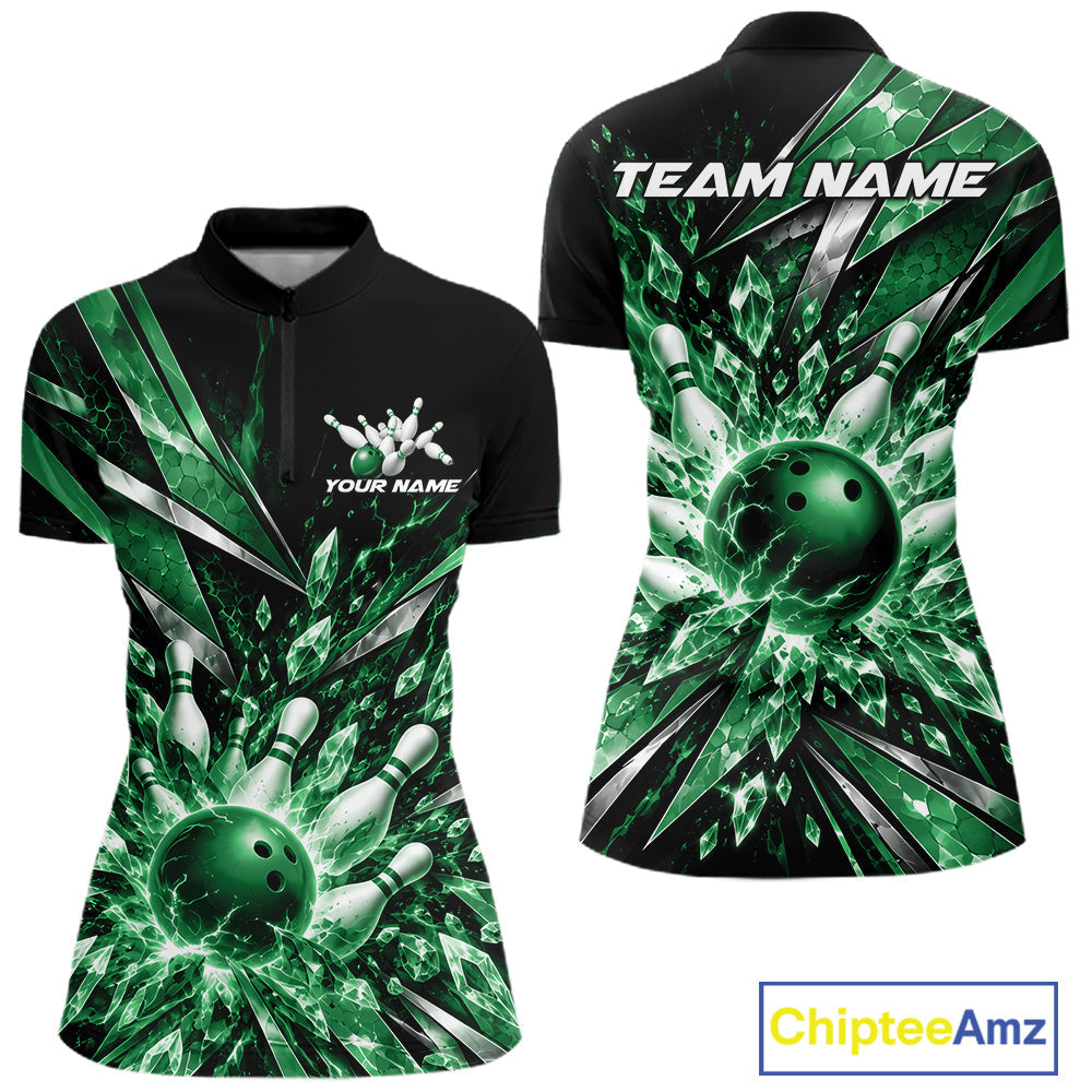 Custom Green Icy Crystal Bowling Shirt, Ice Bowling Team Jersey Bowler Outfit