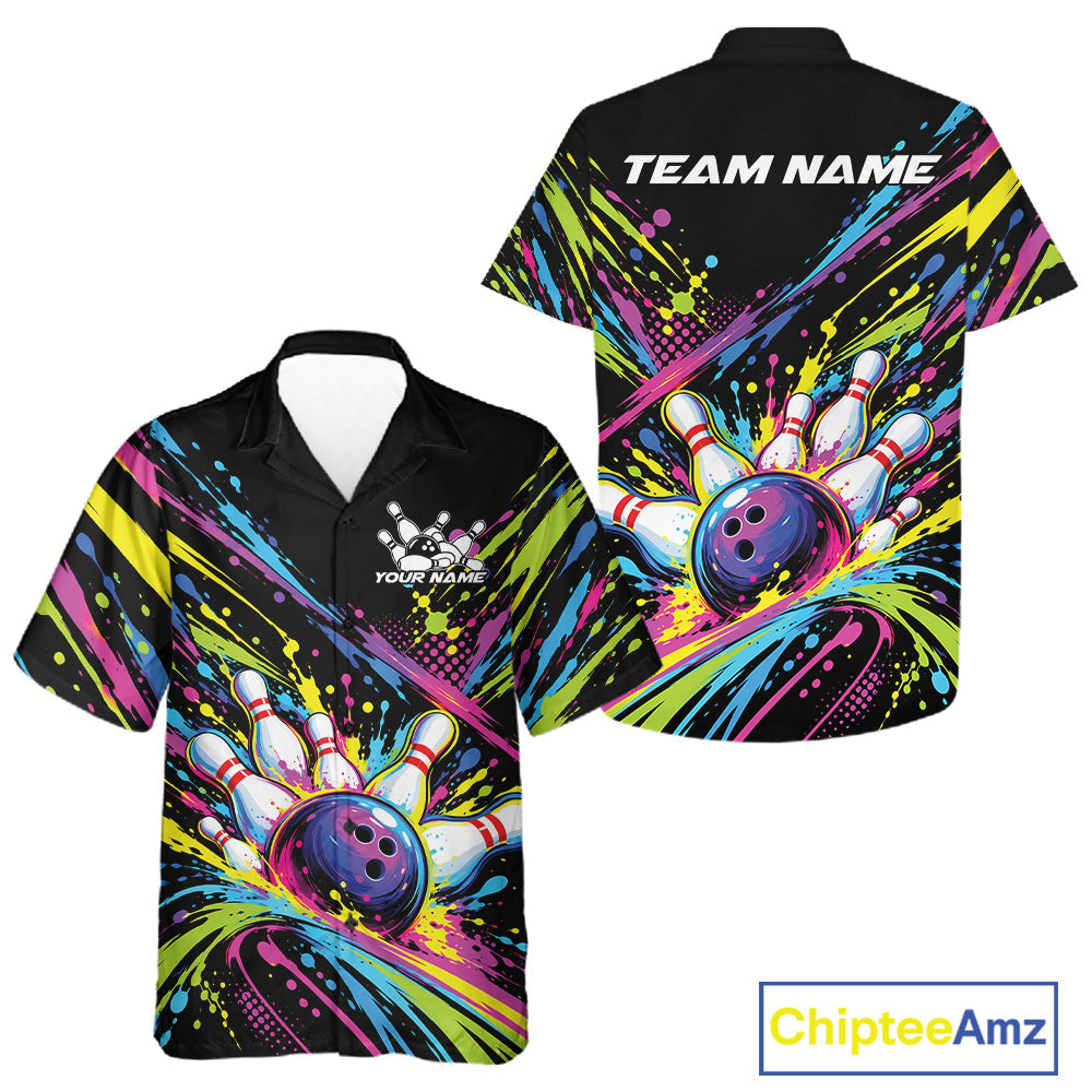 Custom Colorful Splatter Bowling Team Button Up Shirt And, Bowling Tournament Jersey