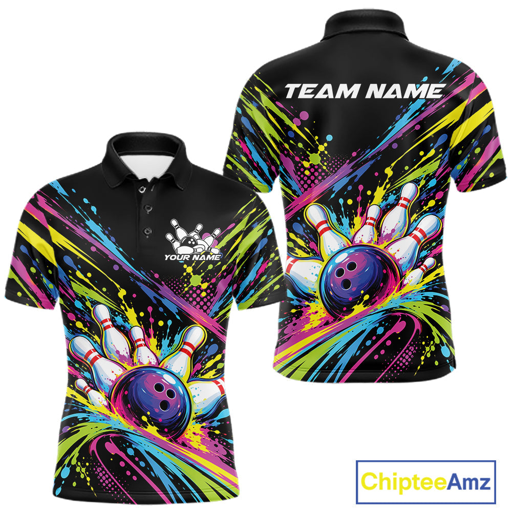 Custom Colorful Splatter Bowling Team Polo Shirt, Bowling Tournament Jersey