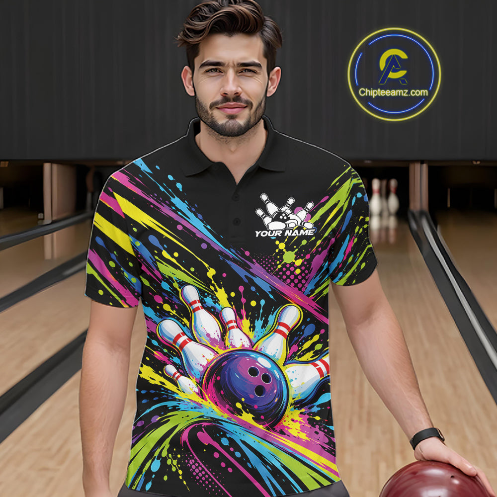 Custom Colorful Splatter Bowling Team Polo Shirt, Bowling Tournament Jersey