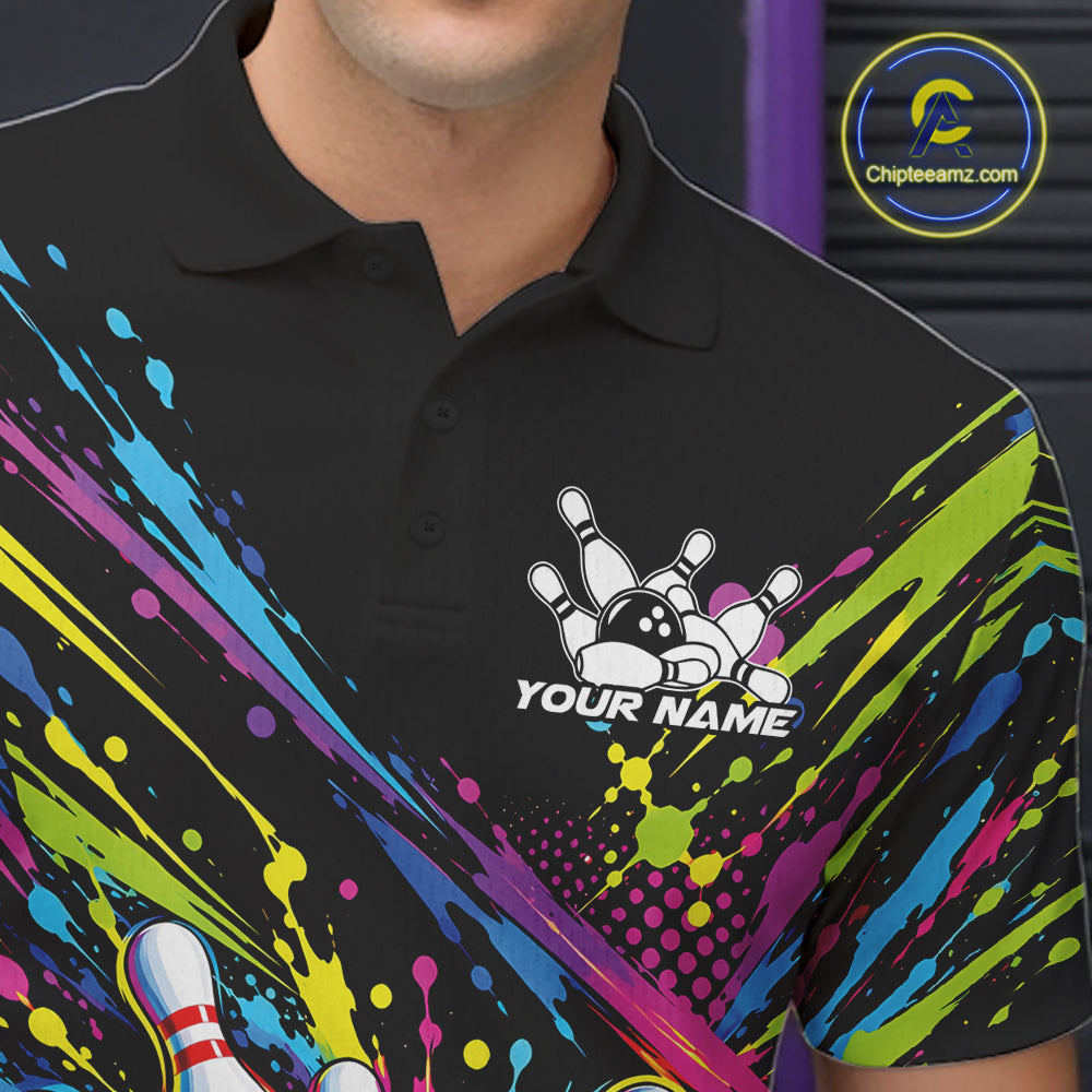 Custom Colorful Splatter Bowling Team Polo Shirt, Bowling Tournament Jersey