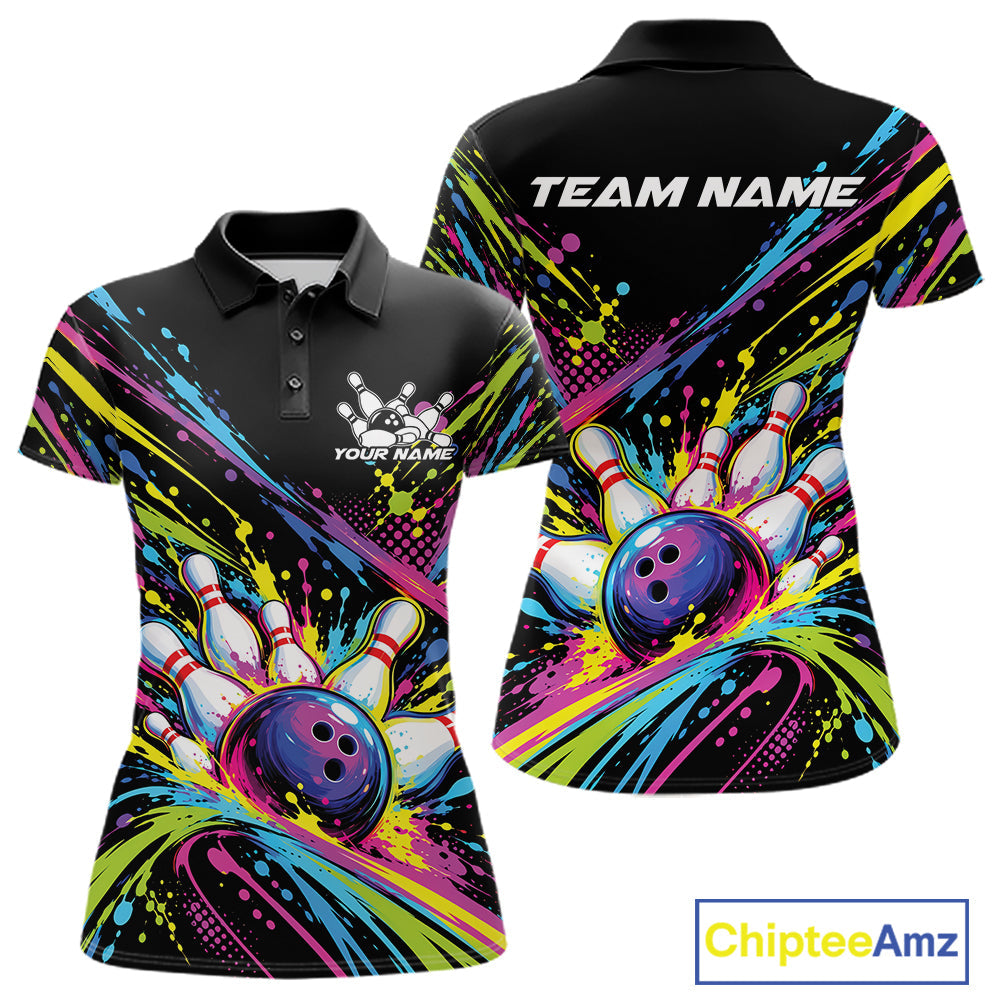 Custom Colorful Splatter Bowling Team Polo Shirt, Bowling Tournament Jersey