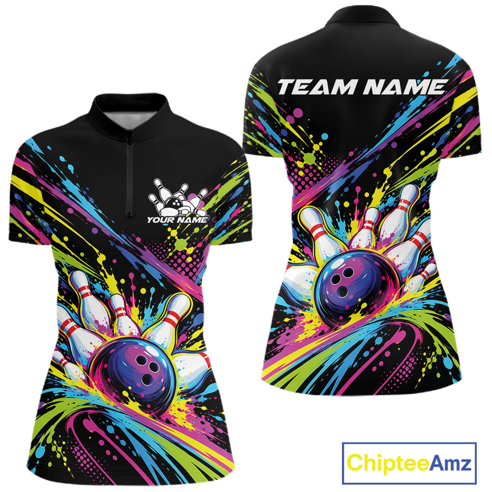 Custom Colorful Splatter Bowling Team Quarter-Zip Shirt, Bowling Tournament Jersey