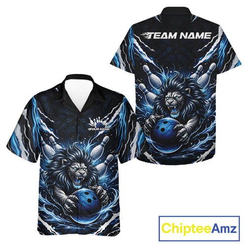 Custom Black And Blue Lion Bowling Jerseys, Lion Bowling Tournament And Hawaiian Shirt