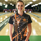 Custom Black And Orange Splatter Camo Strike Bowling League Shirts, Bowling Jerseys