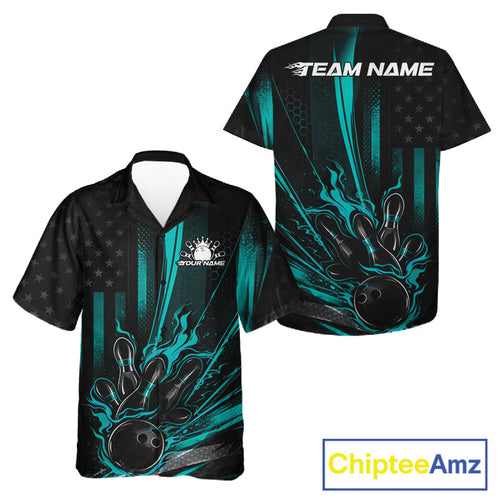 Custom Turquoise Blue US Flag Patriotic And Bowling Shirt, American Flame Bowling Jersey